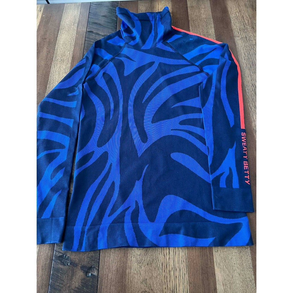 Sweaty Betty Blue Zebra Print Seamless Base Layer Funnel Neck Top SB0308 Size M